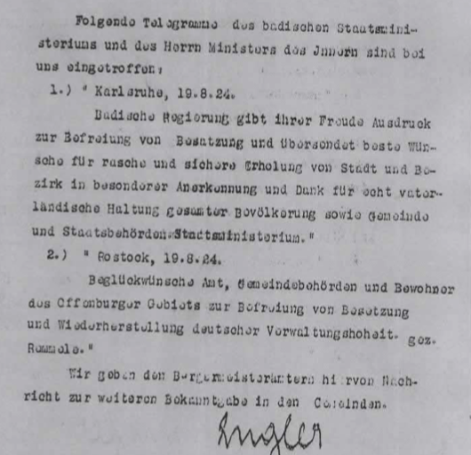 Telegramm zum Ende der Besetzung