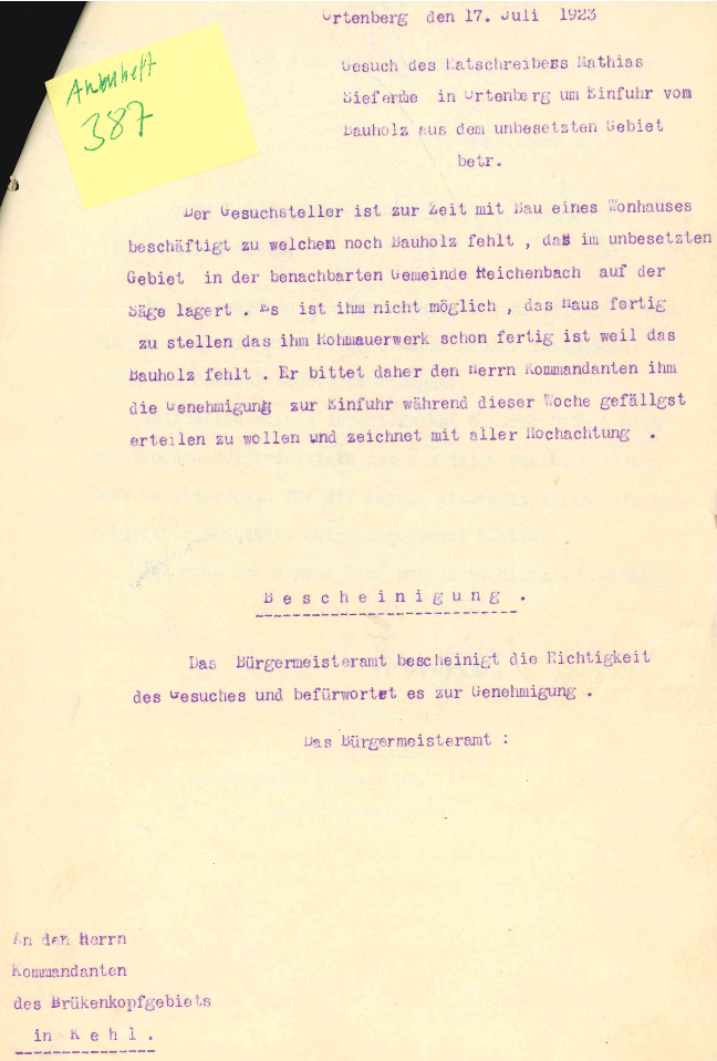 Gesuch sieferle 1923